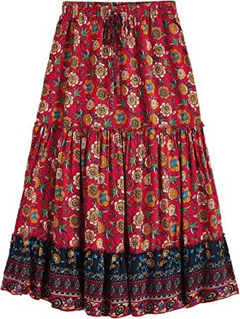 Milumia Women Boho Vintage Floral Print Tie Waist A Line Maxi Skirts Red and Navy Medium at Amazon Women’s Clothing store
