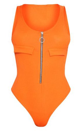 Tangerine Rib Pocket Zip Front Thong Bodysuit | PrettyLittleThing