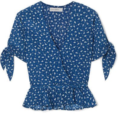 Lucy Ruffled Floral-print Crepe Wrap Top - Royal blue