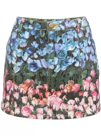 Fleur Du Mal rose-print Denim Miniskirt - Farfetch
