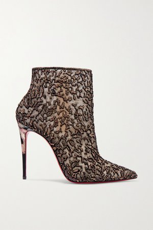 Gold Nancy 100 embellished lace-trimmed flocked tulle ankle boots | Christian Louboutin | NET-A-PORTER