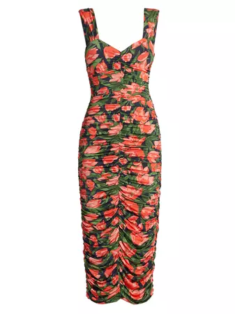 Shop Carolina Herrera Floral Ruched Sleeveless Midi-Dress | Saks Fifth Avenue