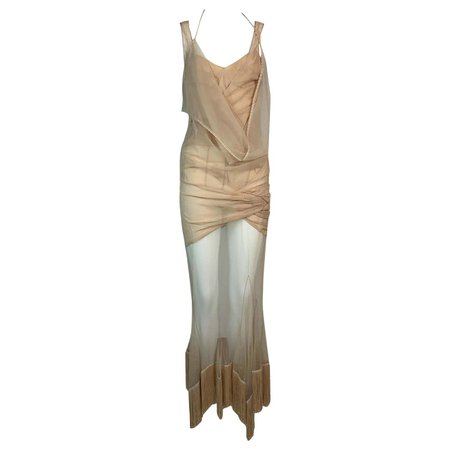 S/S 2004 Christian Dior John Galliano Runway Sheer Nude Fringe Maxi Dress For Sale at 1stDibs