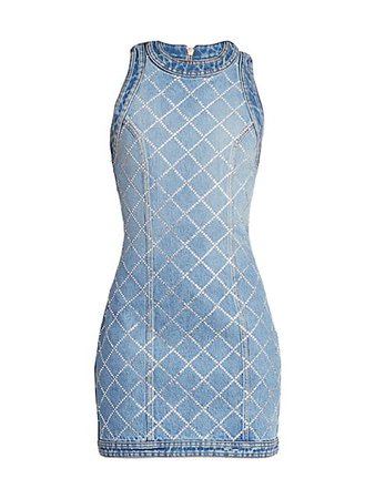 Balmain Strass Grid Denim Sleeveless Dress | SaksFifthAvenue