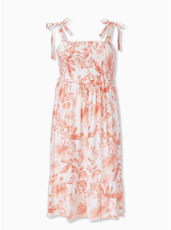 Plus Size - White & Coral Floral Challis Tie Strap Smocked Midi Dress - Torrid