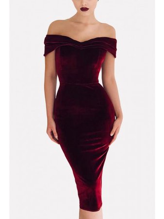 Dark-red Off Shoulder Short Sleeve Sexy Bodycon Velvet Dress #Chic377625 | WithChic