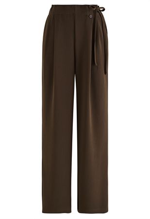Side Drawstring Pleated Straight Leg Pants in Brown - Retro, Indie and Unique Fashion