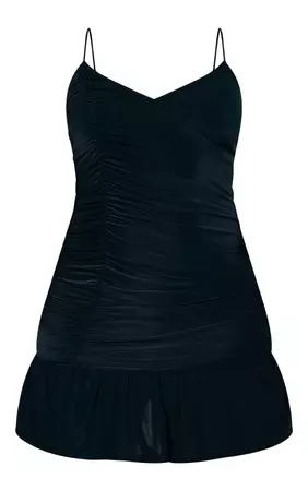 Black Ruched Frill Hem Slinky Bodycon Dress | PrettyLittleThing USA