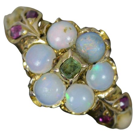 Early Victorian 15ct Gold Emerald Opal Ruby Snake Cluster Ring For Sale at 1stDibs