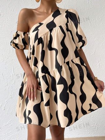 SHEIN Privé Allover Print Asymmetrical Neck Ruffle Hem Smock Dress | SHEIN USA