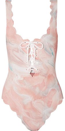 Palm Springs Scalloped Lace-up Printed Stretch-crepe Swimsuit - Pastel pink