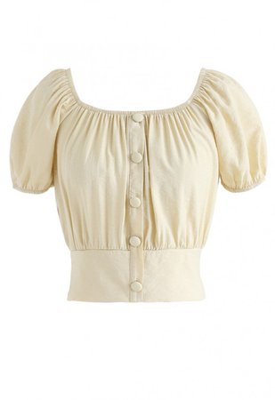 Square Neck Buttoned Front Cropped Top in Light Yellow - TOPS - Retro, Indie and Unique Fashion