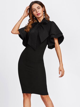 Bow Tie Neck Layered Bell Sleeve Dress