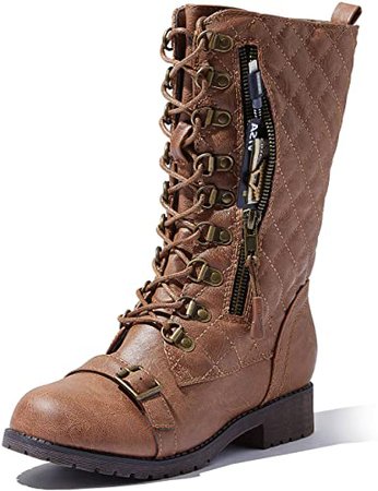 Amazon.com | Dailyshoes Calf-height Quilted Boots With Hidden Zipper Pockets Combat Ankle Mid Calf Low Heel Lace Up Zipped Pocket Buckles Strap D-ring Toe Non Slip Comfortable Fashion Easy On And Off Design Front Brown, pu, 9 | Ankle & Bootie