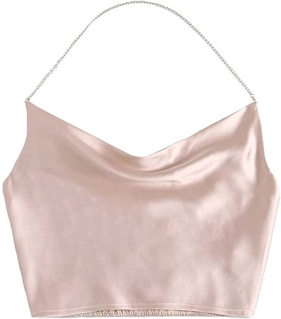 SheIn Women's Satin Chain Halter Neck Shirred Back Draped Crop Cami Top at Amazon Women’s Clothing store