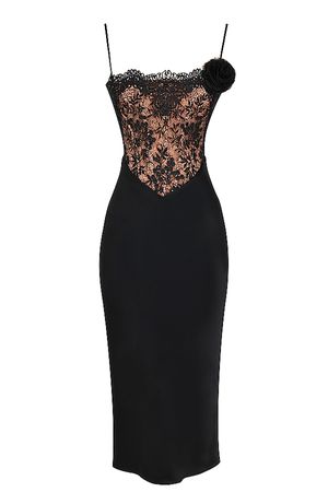 Clothing : Midi Dresses : 'Nikita' Black Satin and Lace Corset Dress