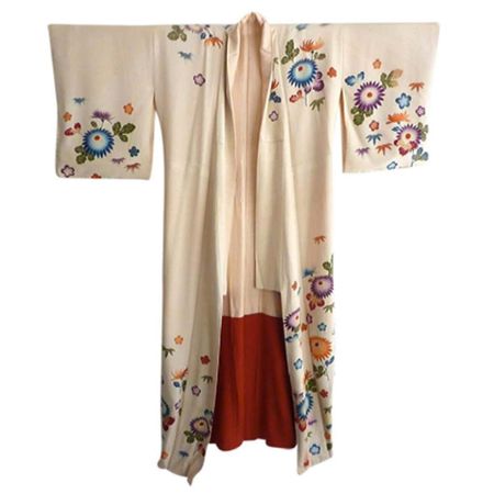 Antique Hand-Painted Japanese Ecru Furisode Silk Kimono For Sale at 1stDibs | vintage silk embroidered kimono, vintage silk kimono, vintage embroidered kimono
