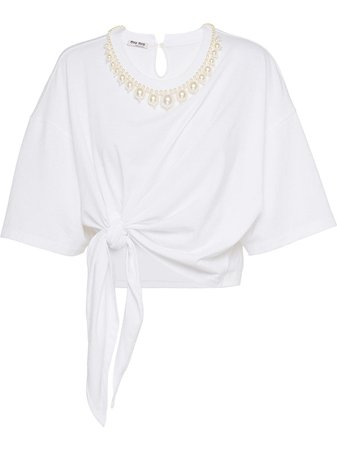 Miu Miu Faux-Pearl Embellished Tie-Front T-Shirt MJN1831V0F White | Farfetch
