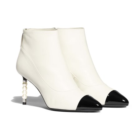 Lambskin & Patent Calfskin Ivory & Black Ankle Boots | CHANEL