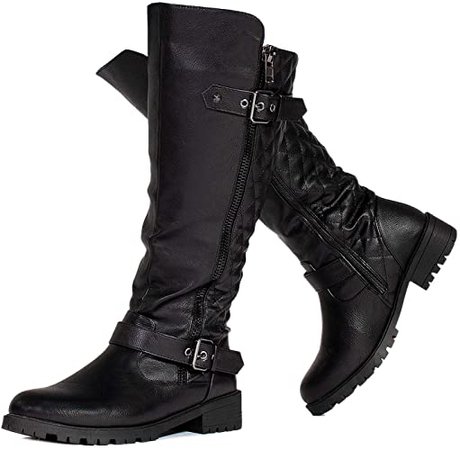 Amazon.com | RF ROOM OF FASHION Women's Athletic Wide Calf Lug Sole Knee High Riding Boots w Hidden Pocket BLACK Size.6 | Knee-High
