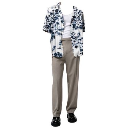 blue white hawaiian button down up t shirt gray beige khaki pants black shoes full outfit png