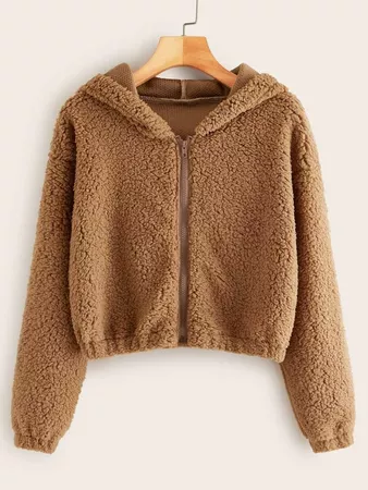 Solid Zip-up Hooded Teddy Jacket | SHEIN USA