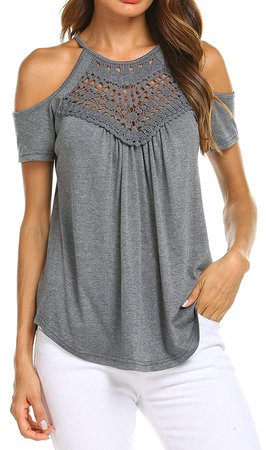 LuckyMore Womens Summer Casual Short Sleeve Blouse Lace Off Shoulder Tunic Tops at Amazon Women’s Clothing store: