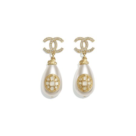 Chanel, earrings Metal, Imitation Pearls, Strass & Resin Gold, Pearly White & Crystal