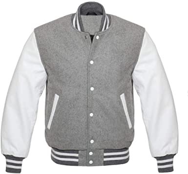 Amazon.com 5 Star Letterman Baseball Bomber Sports Varsity Jacket Wool & Genuine Leather Grey/White