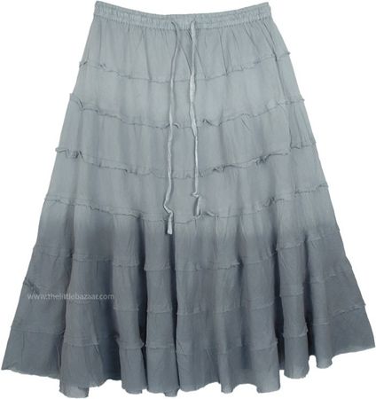 Steel Grey Ombre Knee Length Summer Skirt with Tiers | Short-Skirts | Grey | Junior-Petite, Misses, Tiered-Skirt, Vacation, Beach, Solid