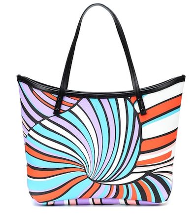 Printed leather-trimmed tote