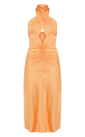 Tangerine Satin Halterneck Ruched Cut Out Midi Dress | PrettyLittleThing USA