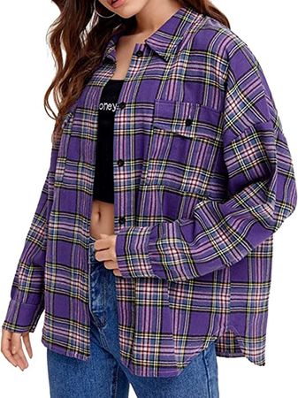 Women's Oversized Plaid Cardigan Long Sleeve Lapel Button Down Shirt Casual Shacket Jacket Coat with Pockets at Amazon Women’s Clothing store