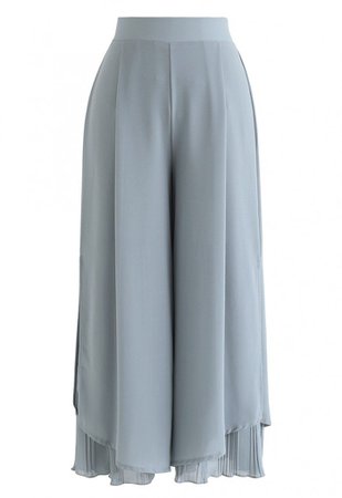 Split Pleated Hem Crop Chiffon Pants in Dusty Blue - NEW ARRIVALS - Retro, Indie and Unique Fashion