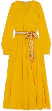 Belted Tiered Silk-satin Dress - Yellow