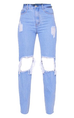 PLT Bright Blue Washed High Rise Ripped Straight Leg Jeans