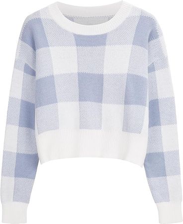 Womens Plaid Cropped Sweater Y2K Crew Neck Knitwear Autumn Winter Top S-XL at Amazon Women’s Clothing store