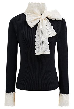 Embroidered Eyelet Bowknot Ribbed Knit Top in Black - Retro, Indie and Unique Fashion