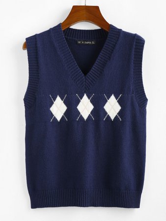 [24% OFF] 2020 ZAFUL Argyle V Neck Sweater Vest In DEEP BLUE | ZAFUL