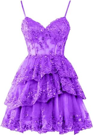 Amazon.com: DRESSTLE Spaghetti Straps Sparkly Lace Tulle Homecoming Dresses Short Prom 2024 Applique Corset Tiered Formal Party Gown : Clothing, Shoes & Jewelry