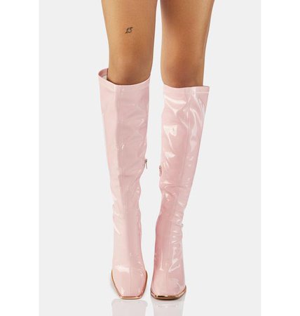 Patent Vegan Leather Knee High Chunky Heels Pink | Dolls Kill
