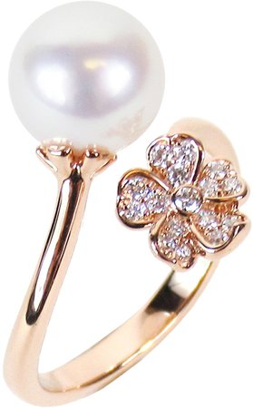 Akoya Cultured Pearl & Diamond Flower Open Ring