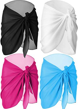 4 Pieces Women Chiffon Short Sarongs Cover Ups Beach Swimsuit Wrap Skirt, 4 Colors (Black, White, Pink and Purple) at Amazon Women’s Clothing store