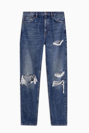 Mid Blue Ripped Mom Tapered Jeans | Topshop