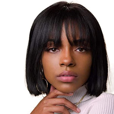 BECUS Short Bob Wigs with Bangs Brazilian Silky Straight Remy Human Hair Wigs for Women 130% Density None Lace Front Glueless with Free Wig Cap 9 inches (Natural Black #1B) : Beauty & Personal Care amazon wig black