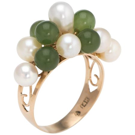 Vintage 14k Gold Jade and Cultured Pearl Ring