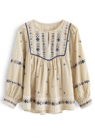 Embroidered Hi-Lo Boho Dolly Top in Light Tan - NEW ARRIVALS - Retro, Indie and Unique Fashion