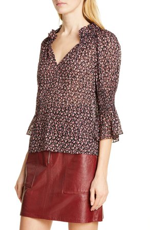 Rebecca Taylor Floral Ruffle Detail Silk & Cotton Blouse | Nordstrom