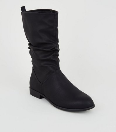 Black Leather-Look Slouch Calf Boots | New Look