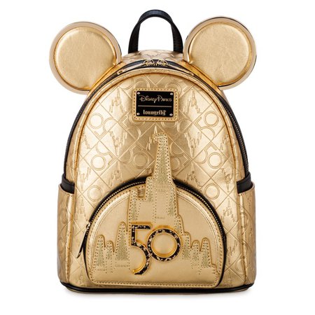 Mickey Mouse Walt Disney World 50th Anniversary Genuine Leather Gold Loungefly Mini Backpack | shopDisney